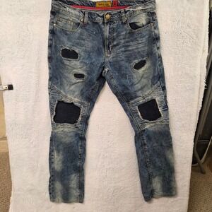 Makobi Mens Jeans Blue Wash Distressed Moto Style Size 36x34